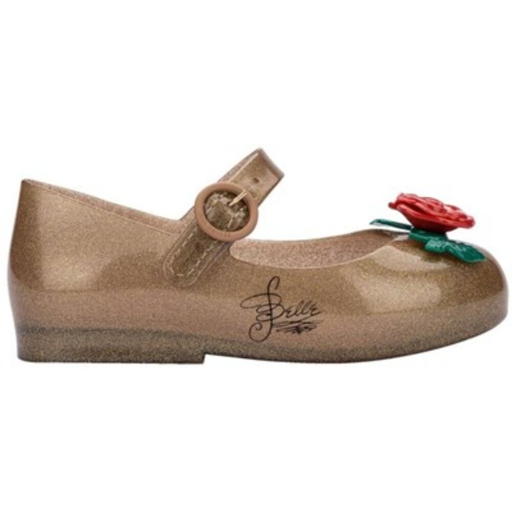 Mini Melissa Gold Glitter Kids Shoes with Red Rose